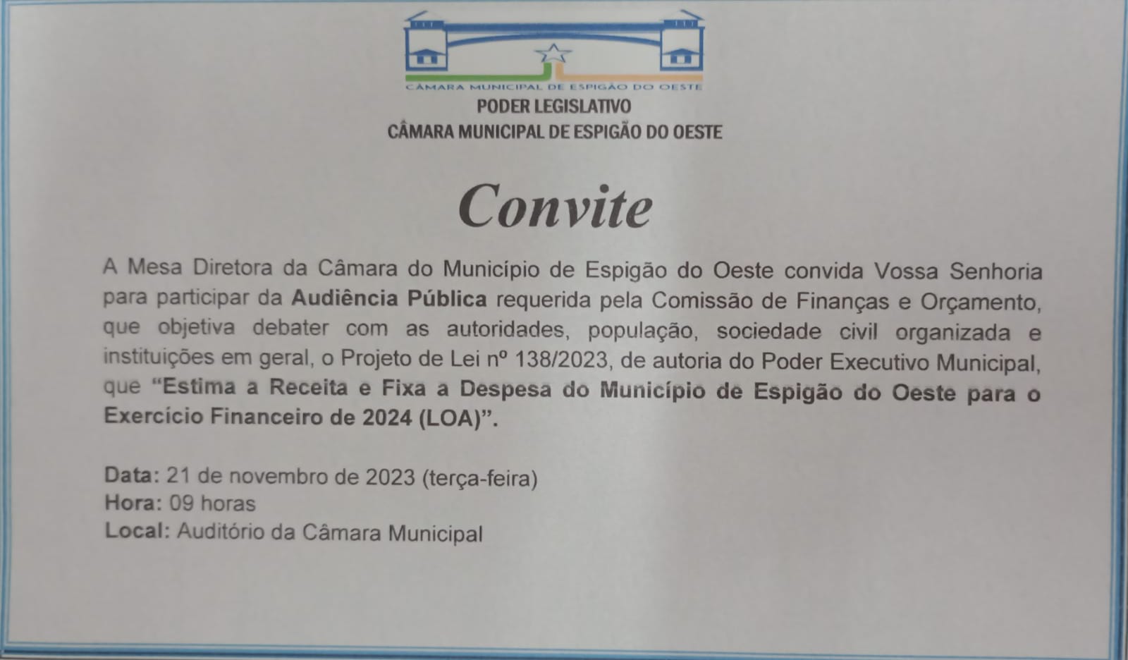 Convite a população de Espigão do Oeste para Audiência Pública